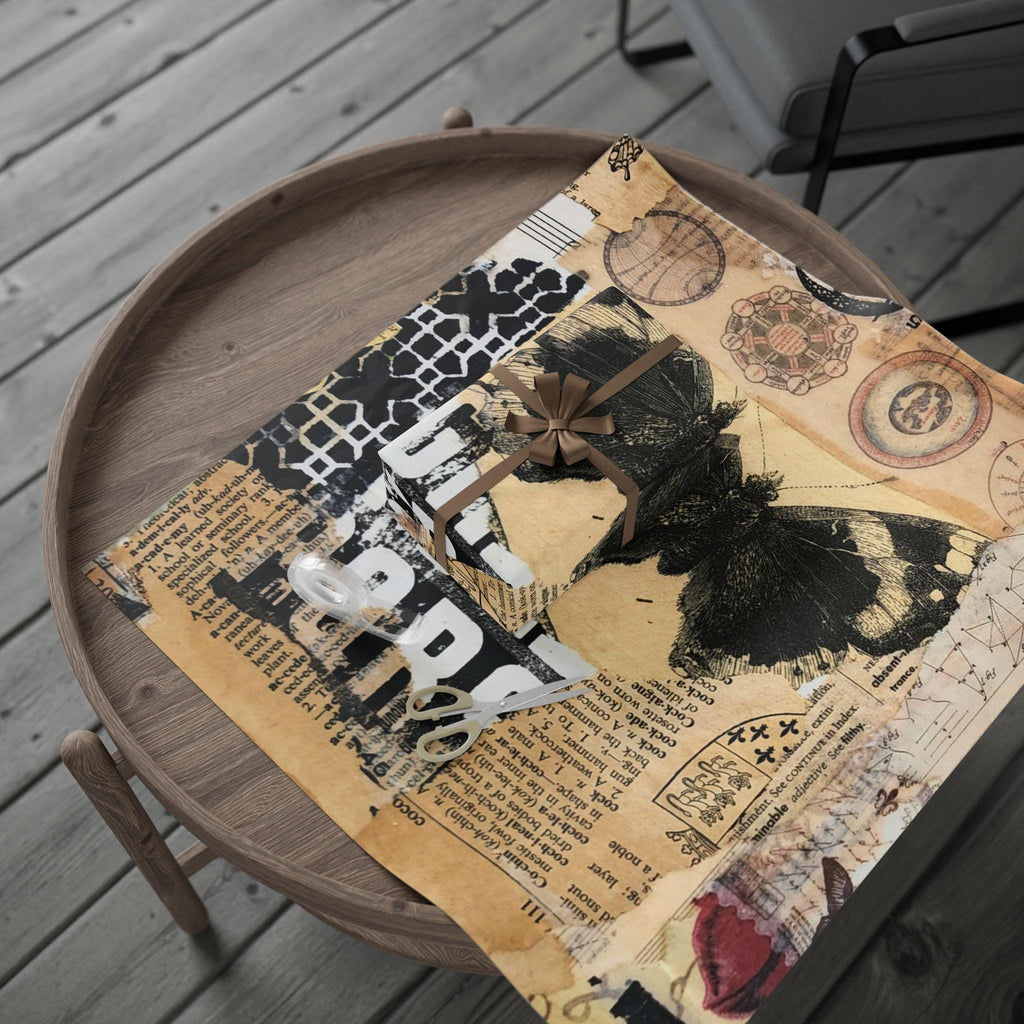 Vintage Butterfly Collage Wrapping Paper | Vintage Newsprint Floral