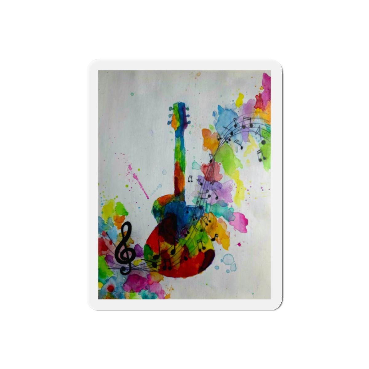 Colorful Watercolor Guitar & Music Notes Die-Cut Magnet | Vibrant Musical Art Sticker