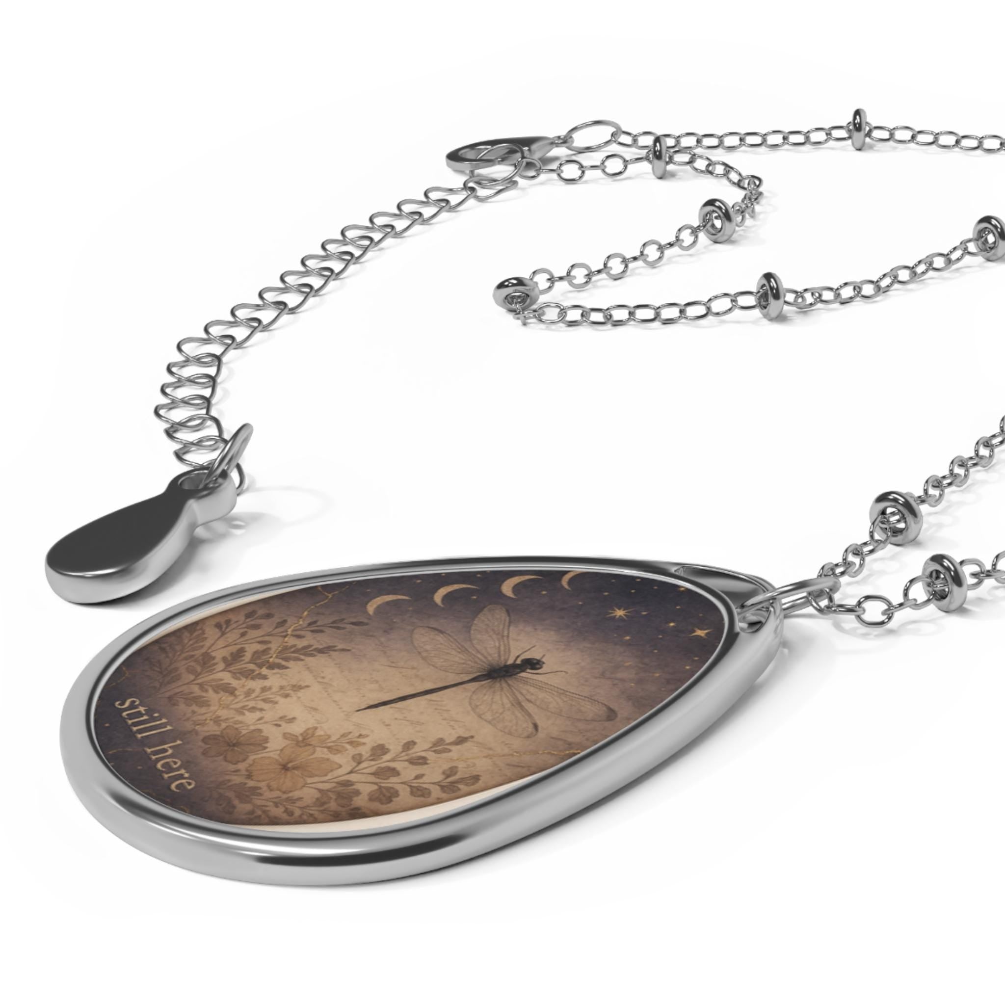 Dragonfly Oval Necklace, Moon Phase Pendant, Nature Lover Gift