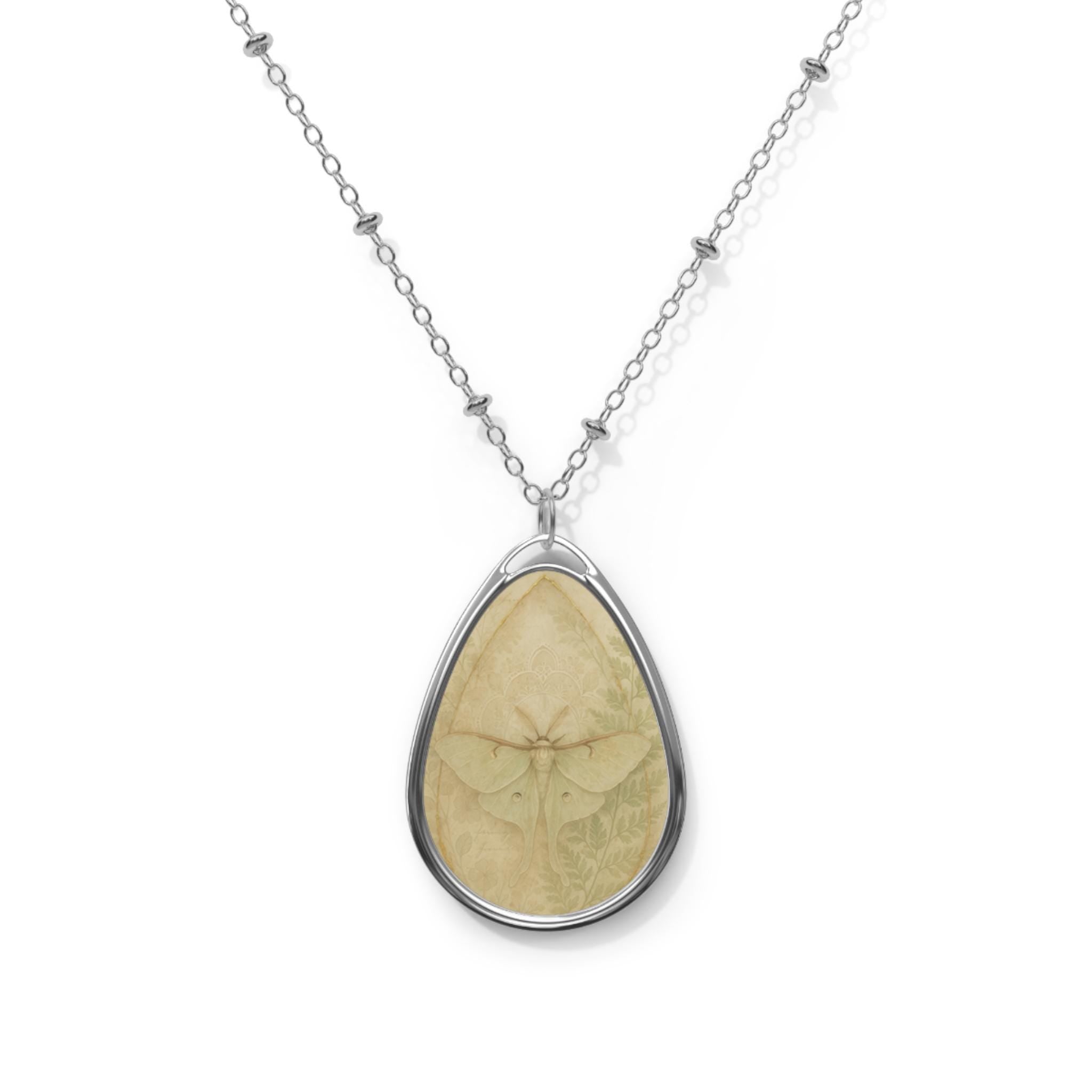 Lunamoth and Fern Pendant Necklace, Vintage Botanical Oval Charm
