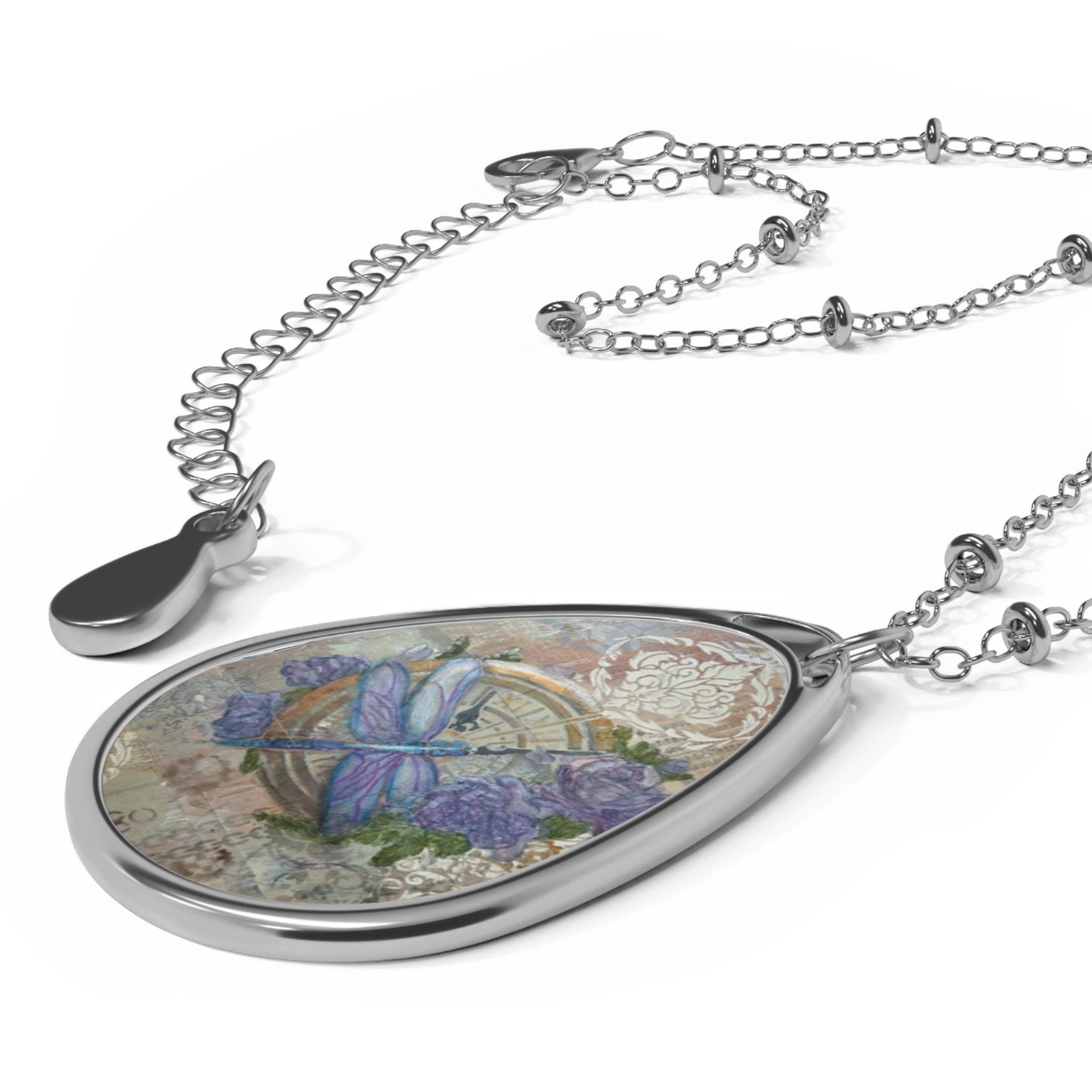 Floral Dragonfly Oval Necklace, Boho Chic Pendant