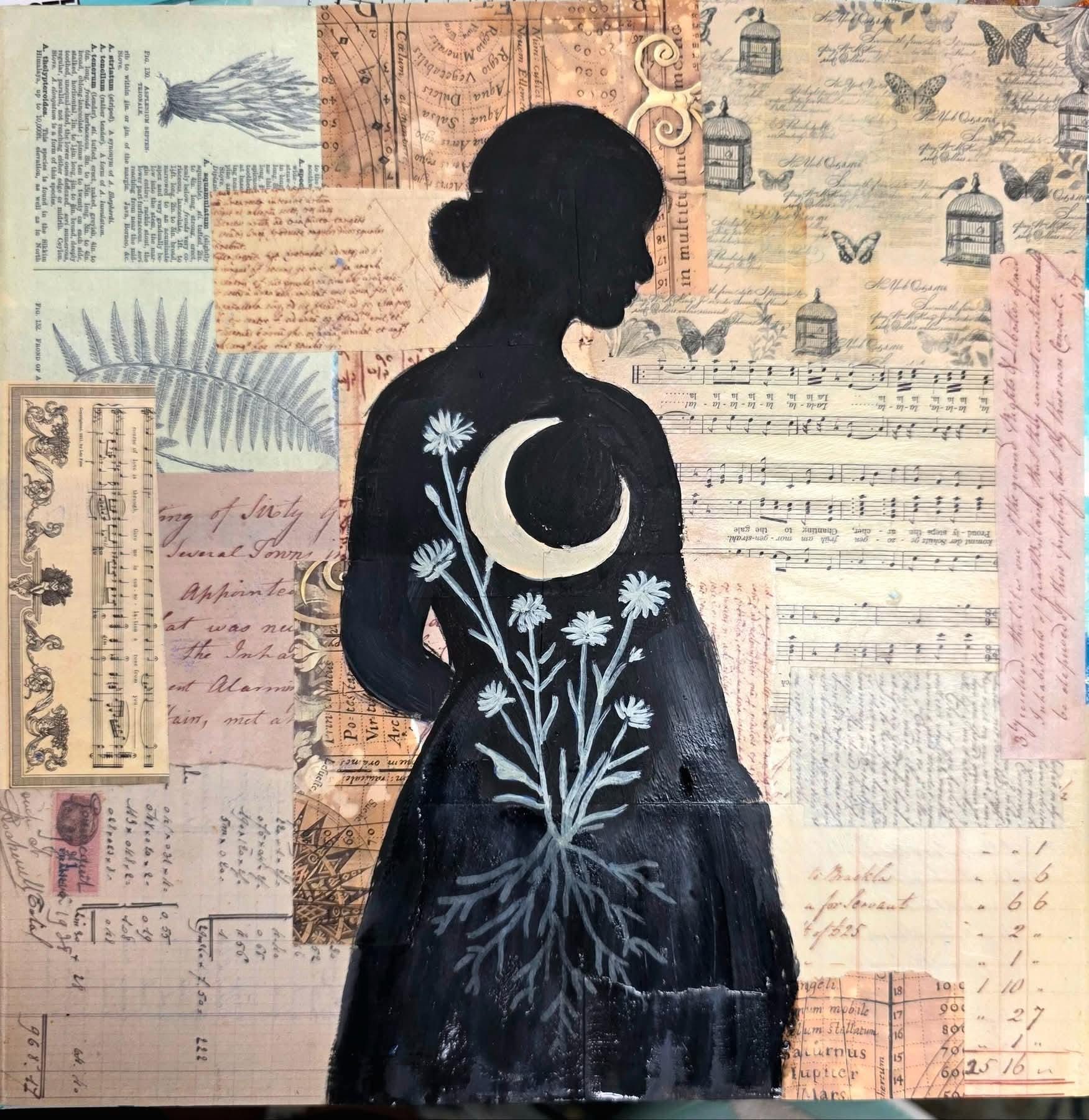 Moongarden Mixed Media Art: Woman, Moon, Botanical Collage