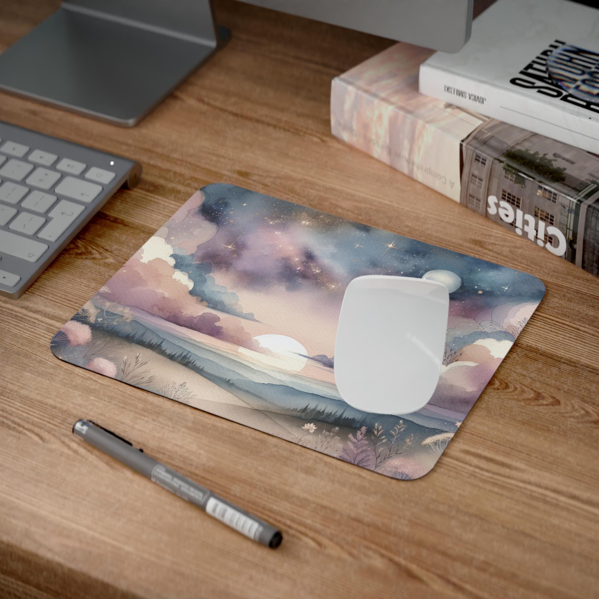 Celestial Dreamscape Mouse Pad, Watercolor Moon and Stars Desk Mat