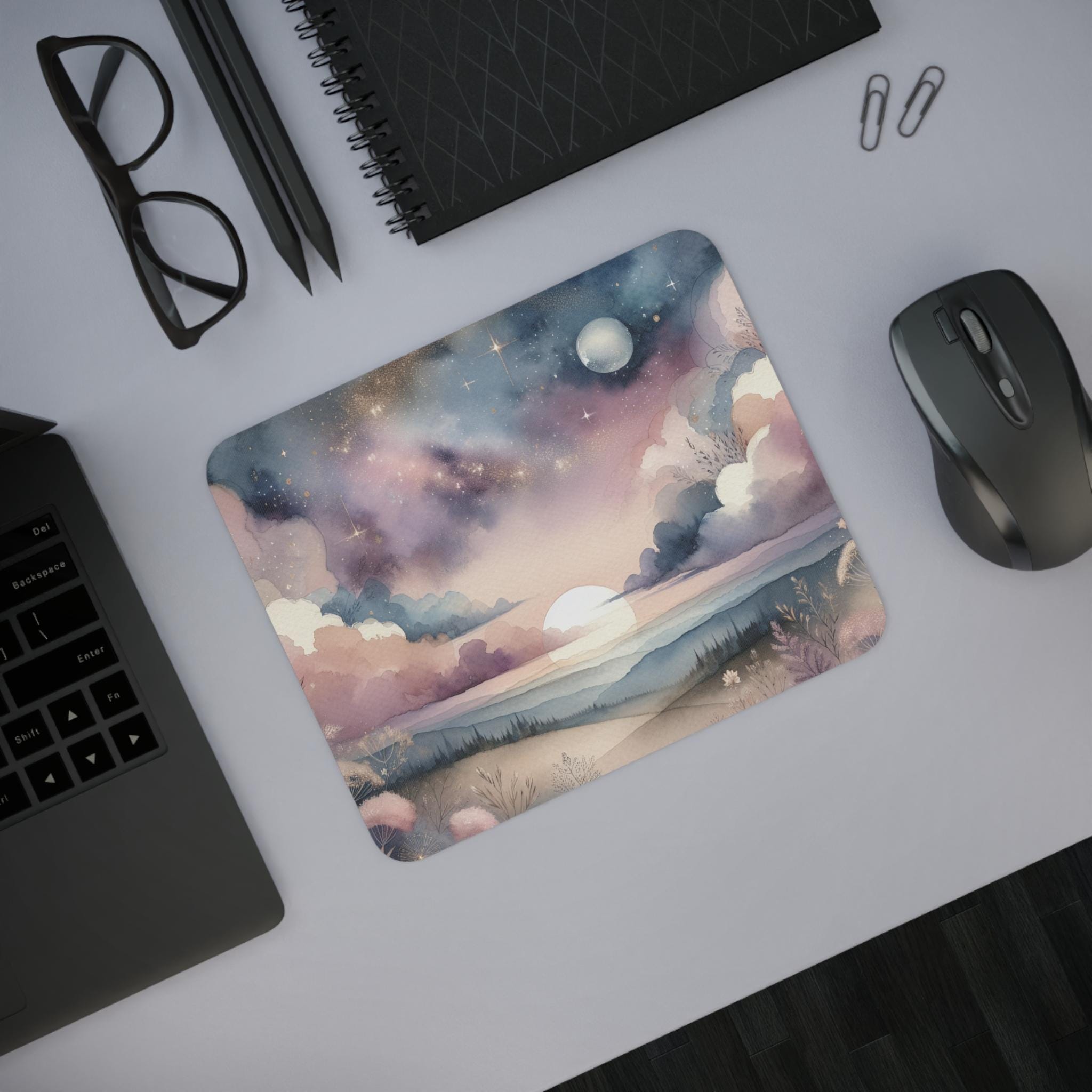 Celestial Dreamscape Mouse Pad, Watercolor Moon and Stars Desk Mat