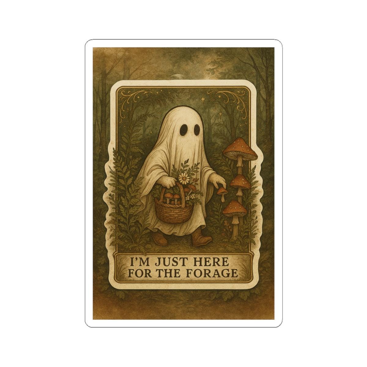 Boho Forest Art Kiss-Cut Stickers, Cottagecore Mushroom Forager Vinyl Decal, Halloween Ghost Design