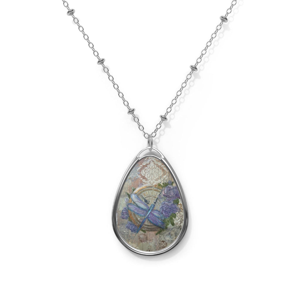Floral Dragonfly Oval Necklace, Boho Chic Pendant