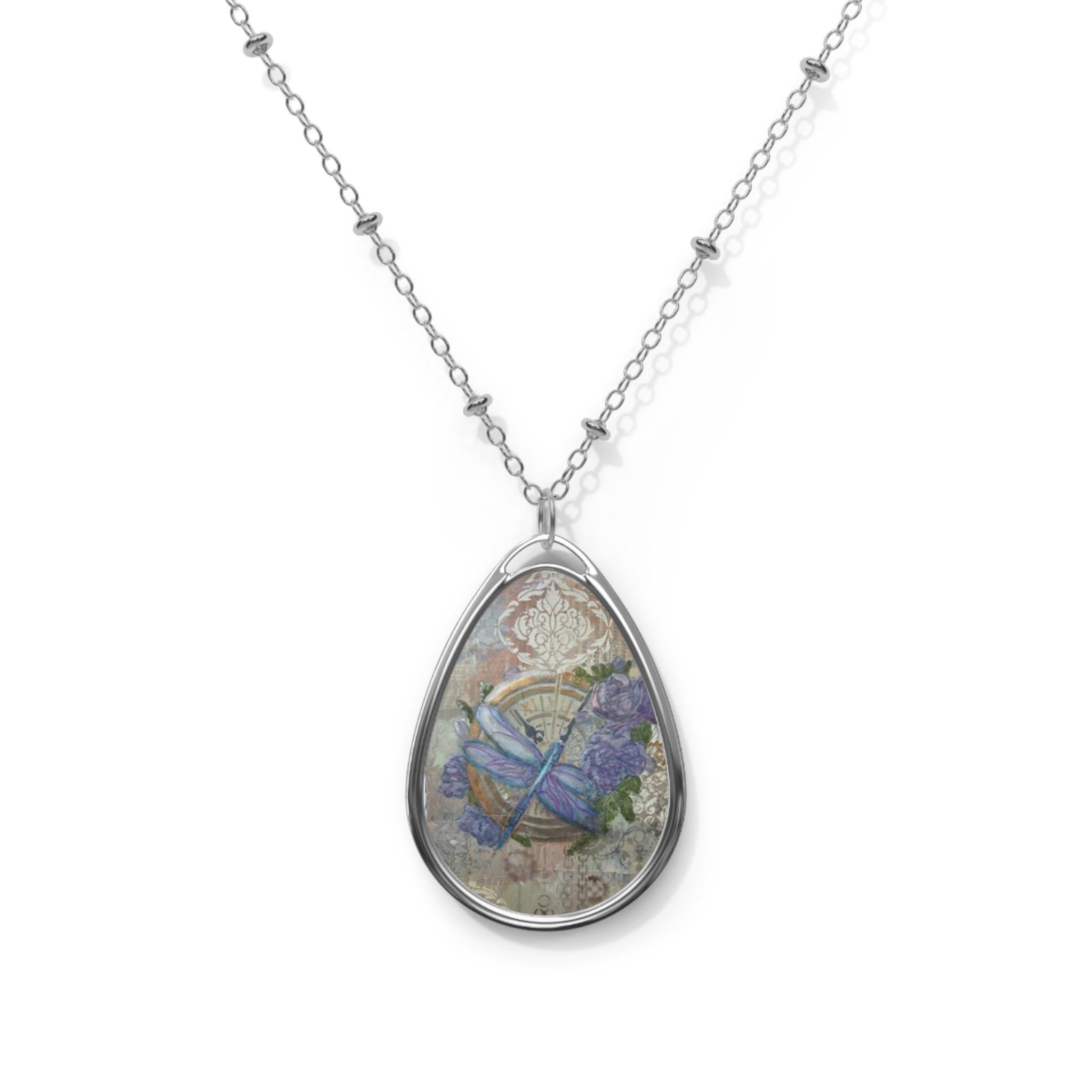 Floral Dragonfly Oval Necklace, Boho Chic Pendant