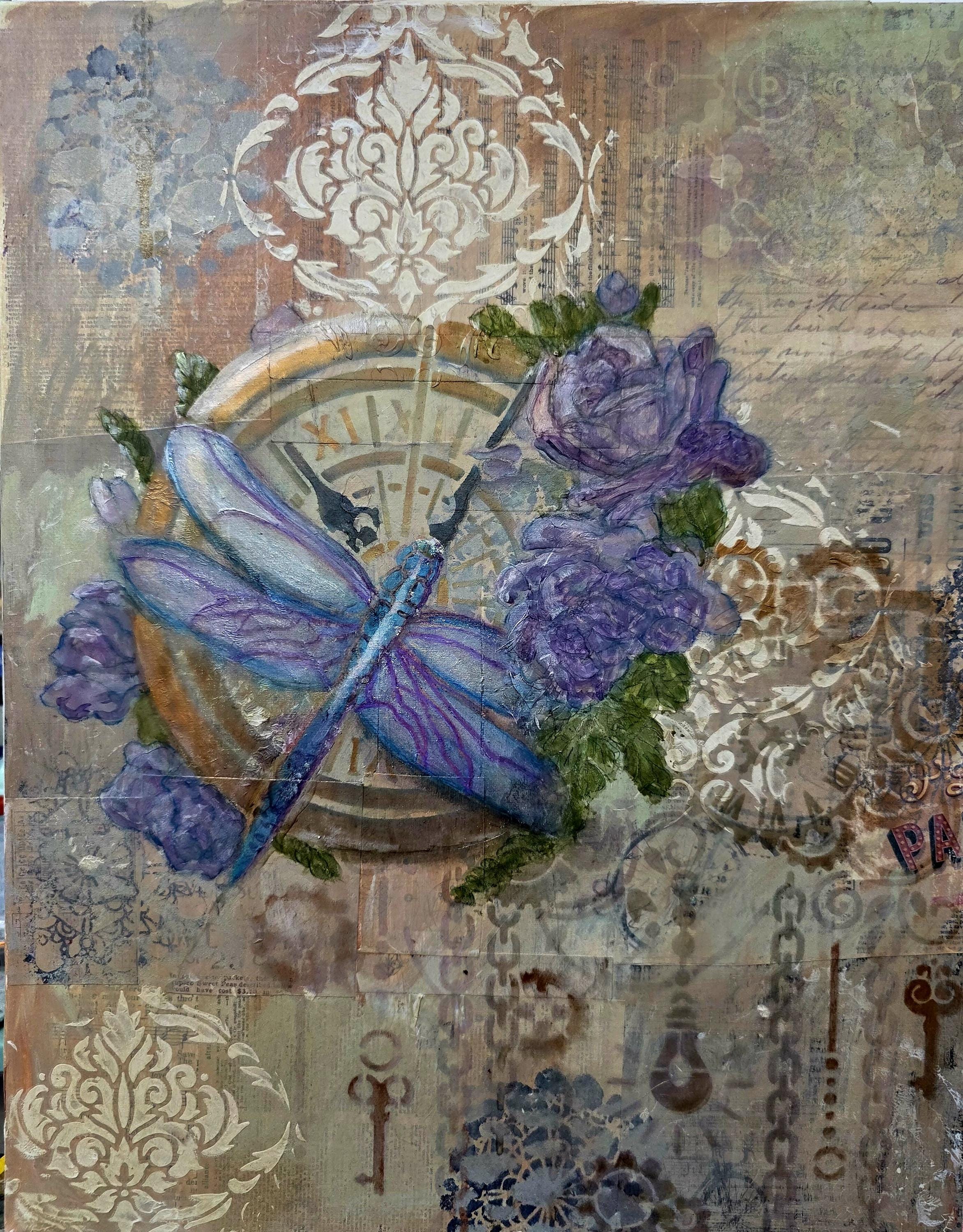 Dragonfly Clock Art, Lavender Floral Handmade Collage