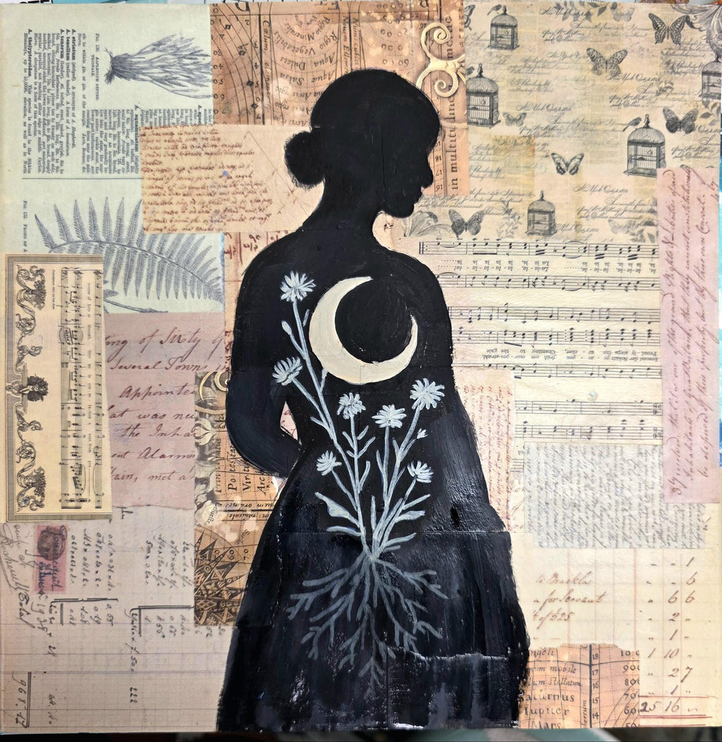 Moongarden Mixed Media Art: Woman, Moon, Botanical Collage