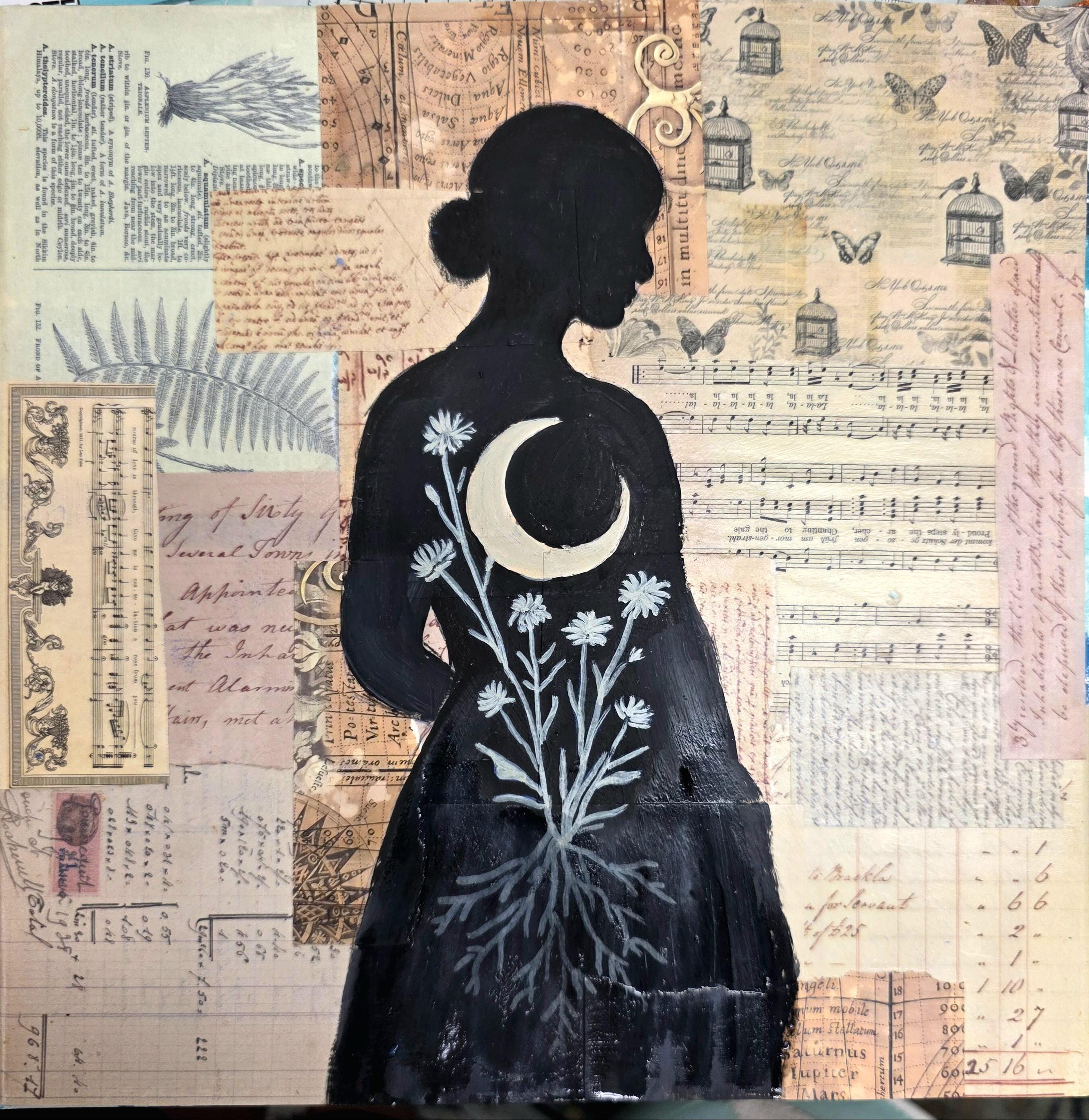 Moongarden Mixed Media Art: Woman, Moon, Botanical Collage