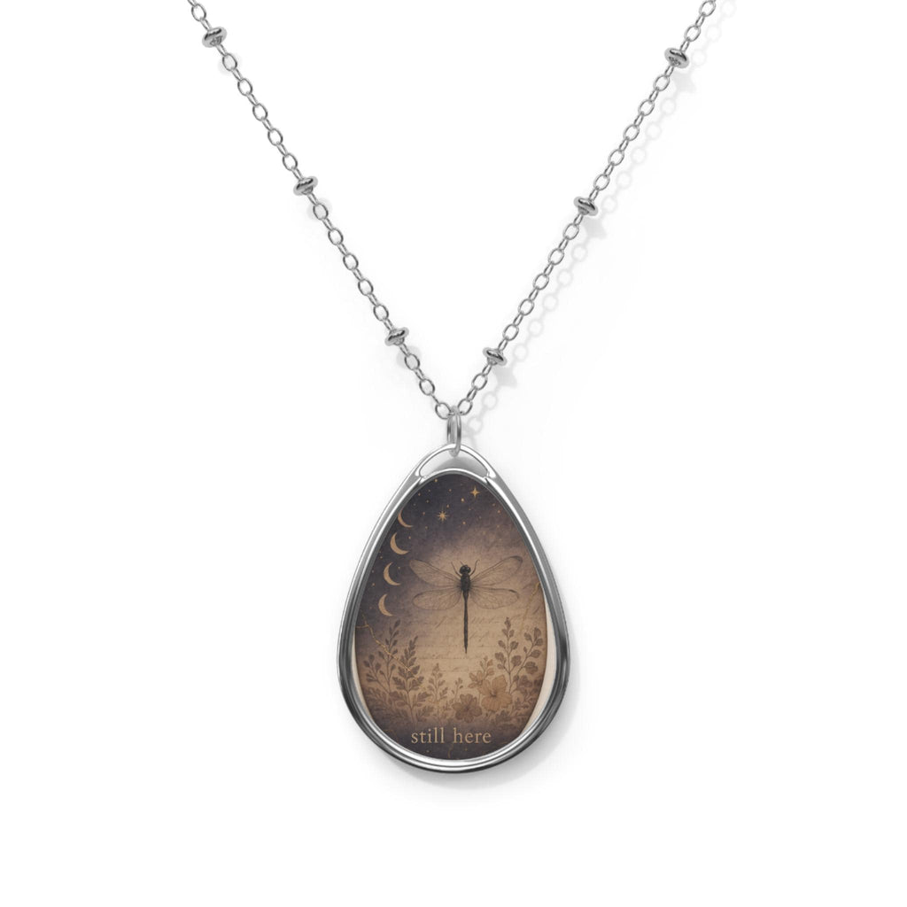 Dragonfly Oval Necklace, Moon Phase Pendant, Nature Lover Gift