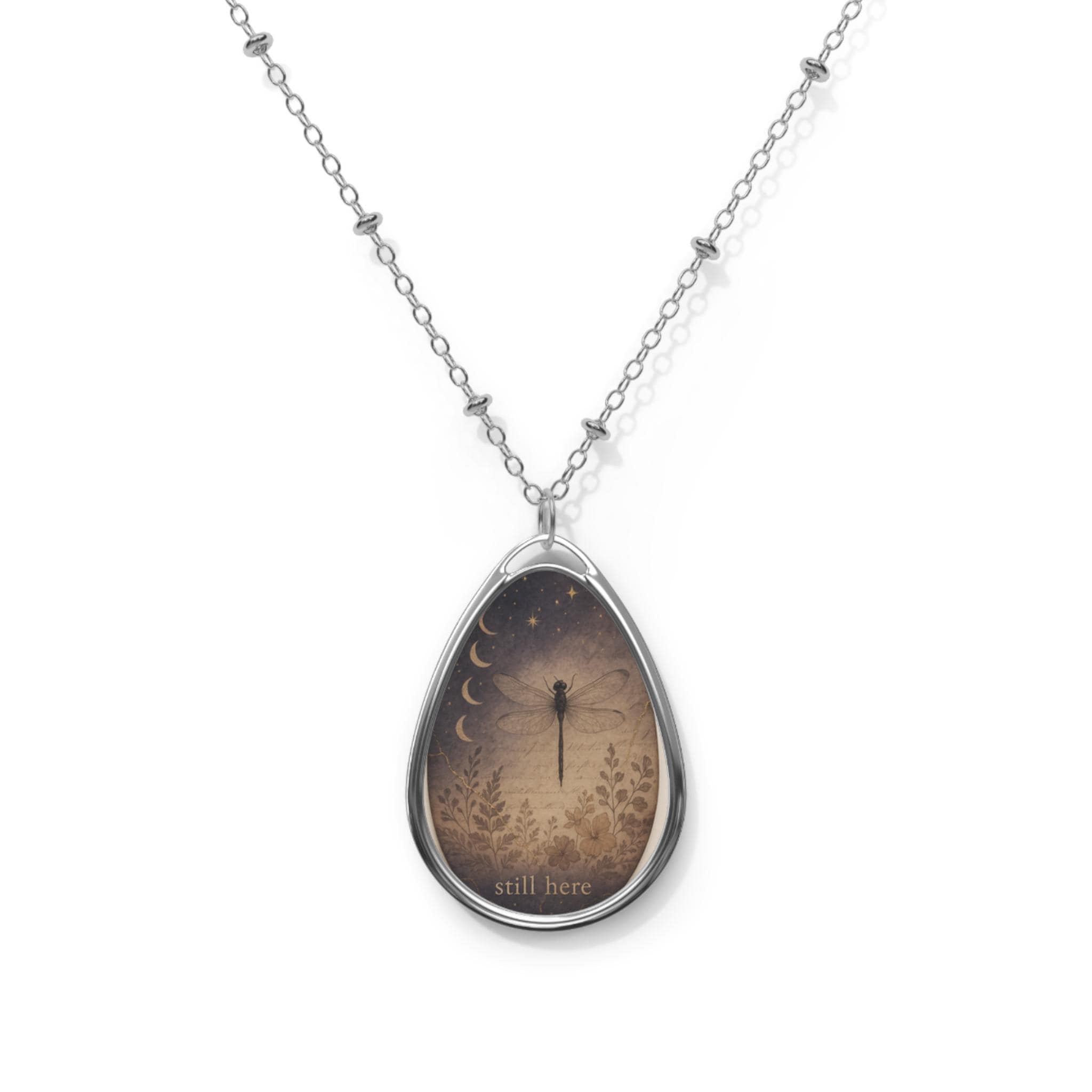 Dragonfly Oval Necklace, Moon Phase Pendant, Nature Lover Gift